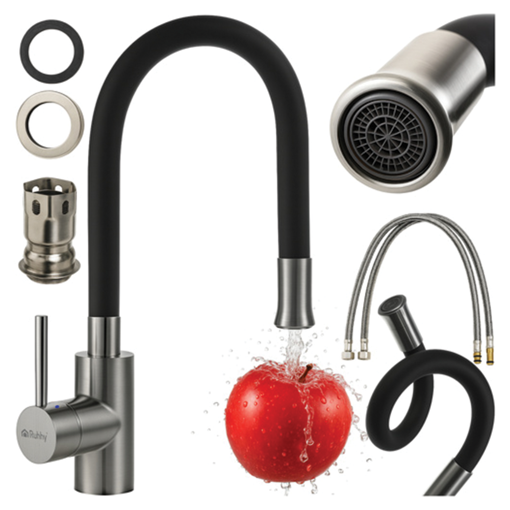 Flexibilní dřezová baterie, nerez, 360° stříbrnočerná