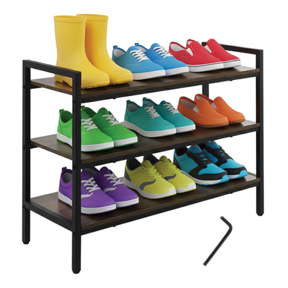Kovový botník se 3 dřevěnými policemi - stabilní loftový stojan na obuv a doplňky